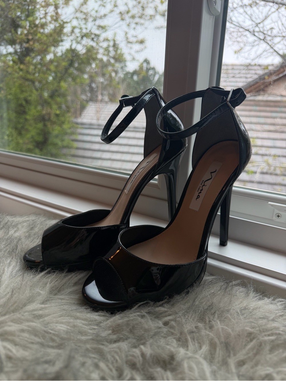Nina Black Patent Peep-Toe Ankle-Strap Stilettos